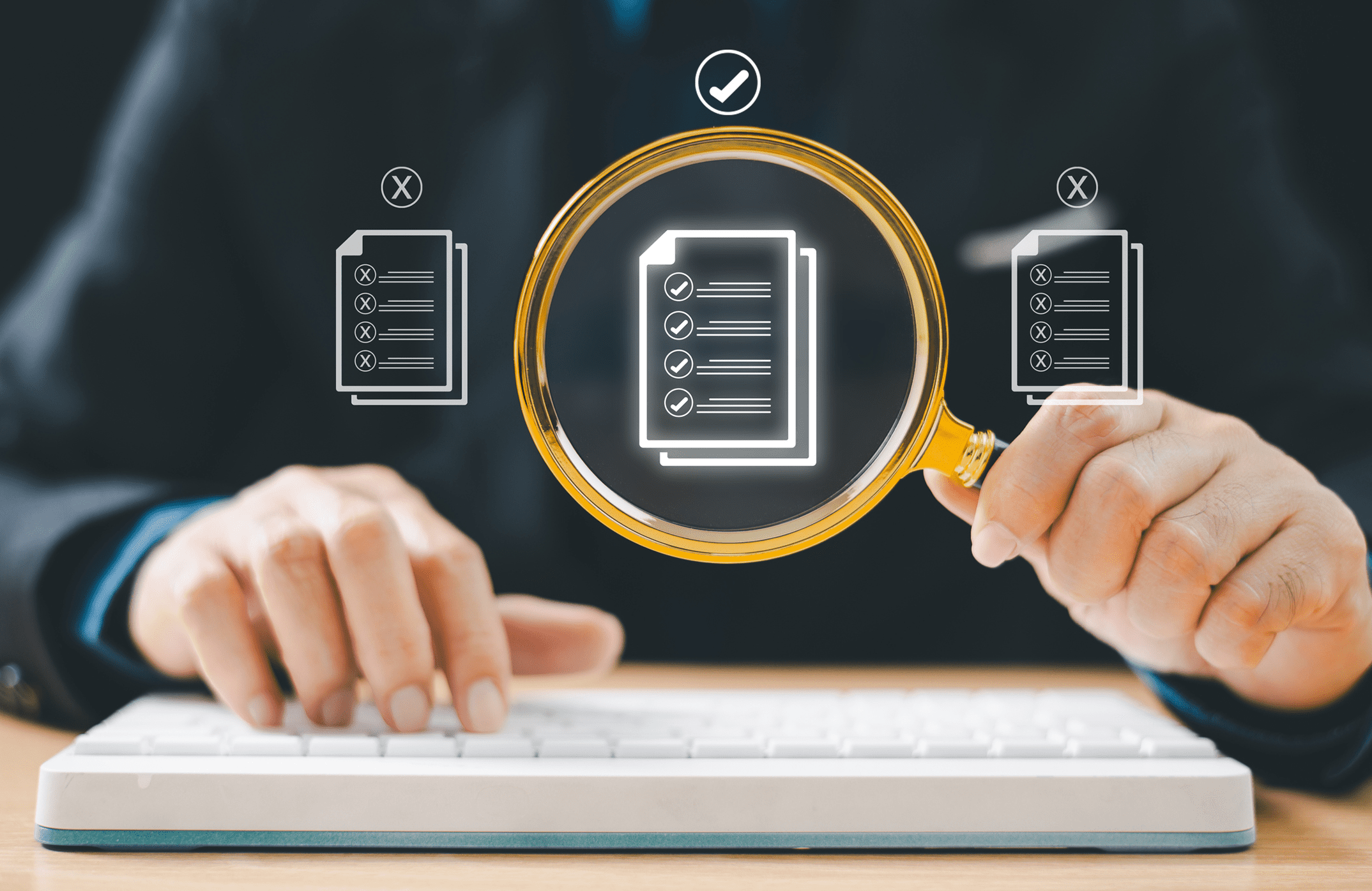 Magnifying glass over checklist on computer keyboard.