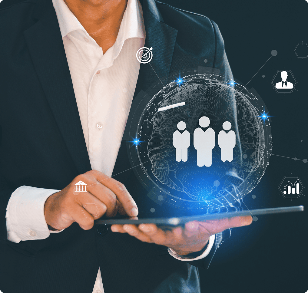 Businessman using tablet with digital icons.