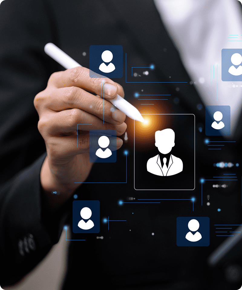 Hand selecting digital profile icons with pen.