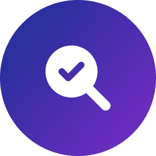 Magnifying glass with checkmark on purple background.