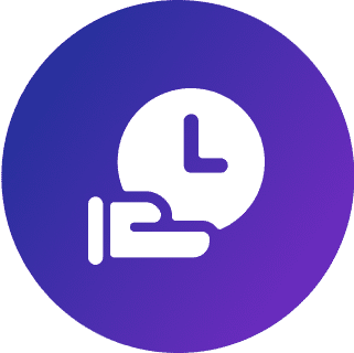 Hand holding clock icon on purple background.